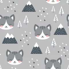 Printed roller blinds Cats Cat Seamless Pattern Background, Scandinavian Happy cute kitty in the forest between mountain tree and cloud, cartoon kitten vector illustration for kids nordic background with triangle dots