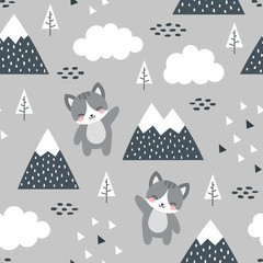 Kat naadloze patroon achtergrond, Scandinavische Happy cute kitty in het bos tussen bergboom en cloud, cartoon kitten vectorillustratie voor kinderen Noordse achtergrond met driehoek stippen
