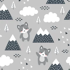 Foto op Plexiglas Katten Kat naadloze patroon achtergrond, Scandinavische Happy cute kitty in het bos tussen bergboom en cloud, cartoon kitten vectorillustratie voor kinderen Noordse achtergrond met driehoek stippen