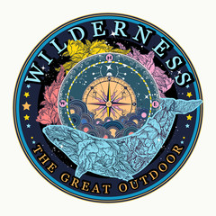 Whale and compass. Wilderness, the great outdoors slogan. Symbol of tourism and travel