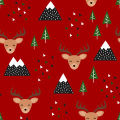 Reindeer Seamless Pattern Background, Happy cute deer in the forest between mountain tree and cloud, cartoon reindeer vector illustration for kids forest background with triangle dots