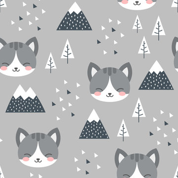 Cat Seamless Pattern Background, Scandinavian Happy cute kitty in the forest between mountain tree and cloud, cartoon kitten vector illustration for kids nordic background with triangle dots