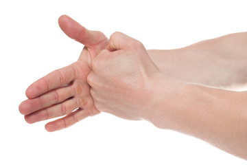 Hand with open palm on white background. Male hand in the attack and in defense of the hand