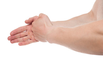 Hand with open palm on white background. Male hand in the attack and in defense of the hand
