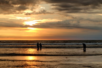Fototapeta premium tourists while enjoying the sunset on Kuta beach, with an exciting atmosphere, the color of the sky is golden and the weather is sunny, so visitors are very comfortable to linger