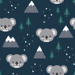 Koala Seamless Pattern Background, Scandinavian Happy cute koala in the forest between mountain tree and cloud, cartoon koala bears vector illustration for kids nordic background with triangle dots © Gabriel Onat