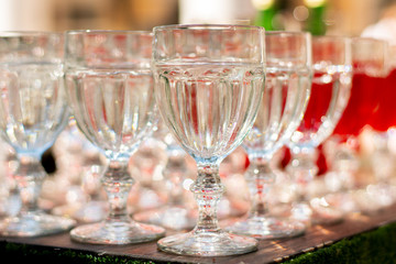 Drinks on the table. Glasses with mineral water.