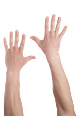 Obraz premium Man showing number five on white background. Close up