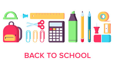 Back to school supplies banner. Calculator, eraser, pens,, scissors, ruler, notebook, backpack, pin, marker, sharpener, tape. Office and student items set. Use for flyers, web site, banners, ads.