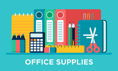 Fototapeta premium Office supplies set. Calculator, eraser, pens, scissors, ruler, notebook, pin, marker, documents, paper clip. Office and student items, back to school objects set for banner, flyer