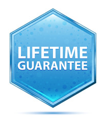 Lifetime Guarantee crystal blue hexagon button