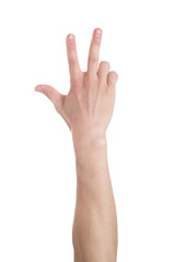 Obraz premium Man showing number three on white background, closeup.