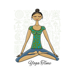 Young girl in lotus position. Padmasana women meditation. Sketch for your design