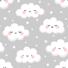 Cloud cute smiling face seamless pattern background with star glow, green repeating vector illustration © Gabriel Onat