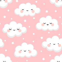 Cloud cute smiling face seamless pattern background with star glow, green repeating vector illustration