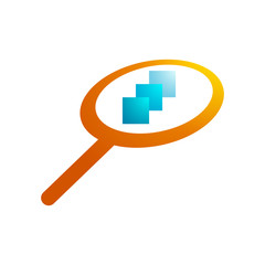 magnifying glass logo, orange, three paper in the middle
