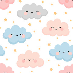 Cute colorful cloud smiling face seamless pattern background with yellow star glow, white repeating vector illustration