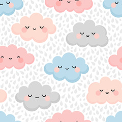 Cute cloud smiling face seamless pattern background with rain drop, repeating vector illustration