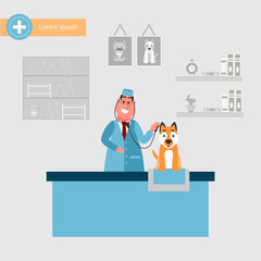 Veterinarian in the vet clinic with a cute dog. Pet treatment concept . Vector illustration cartoon character.