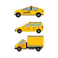 Taxi service concept. Set of different types of taxi cars isolated on white background. Vector illustration flat.