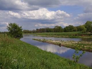 Fototapeta na wymiar two rivers that merge, with meadow and trees