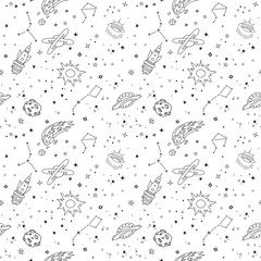 Obraz premium Seamless pattern with starry night sky, planets, spaceships, comets. Space background in black and white colors