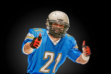 Portrait of American football player shows finger figure like .