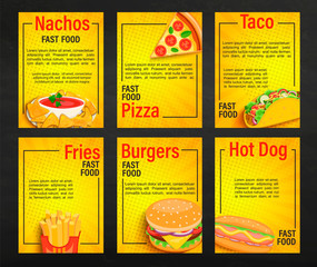 Set of fast food shop menu pages.Collection of fries,pizza,hot dog,burger,nachos,taco flyers, banners for cafeteris,restaurant.Posters for truck advertise.Template for your design.Vector illustration.