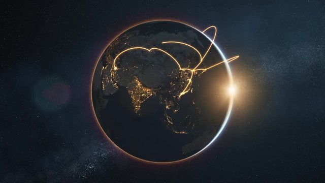 3d animation of a growing network across a realistic earth. Seamless loop. Abstract global business network concept. Orange night version. Elements of this image furnished by NASA
