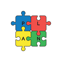 Vector icon concept of jigsaw puzzle pieces with plan word connected to each other.