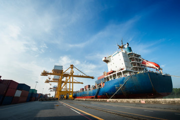 Transport logictic industry concept of cargo, truck, transportation, container box, vessel ship and working crane, import export business.
