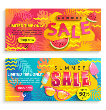Set of summer sale banners, flyers. Promote up to 50 per cent price off and limited time discounts. Invitation for new mid and end of season offers. Template for your design in shops, stores, retails.