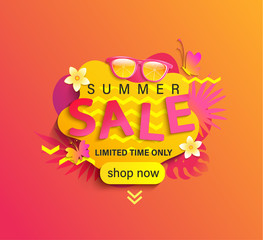 Summer Sale, shop now banner,season discount poster with tropical leaves,sunglasses.Invitation for online and ofline limited time shopping. Template for design,label,advertising badge,flyer. Vector