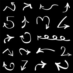 Set with white arrows on black background, hand drawn symbols, pointers, collection for your design