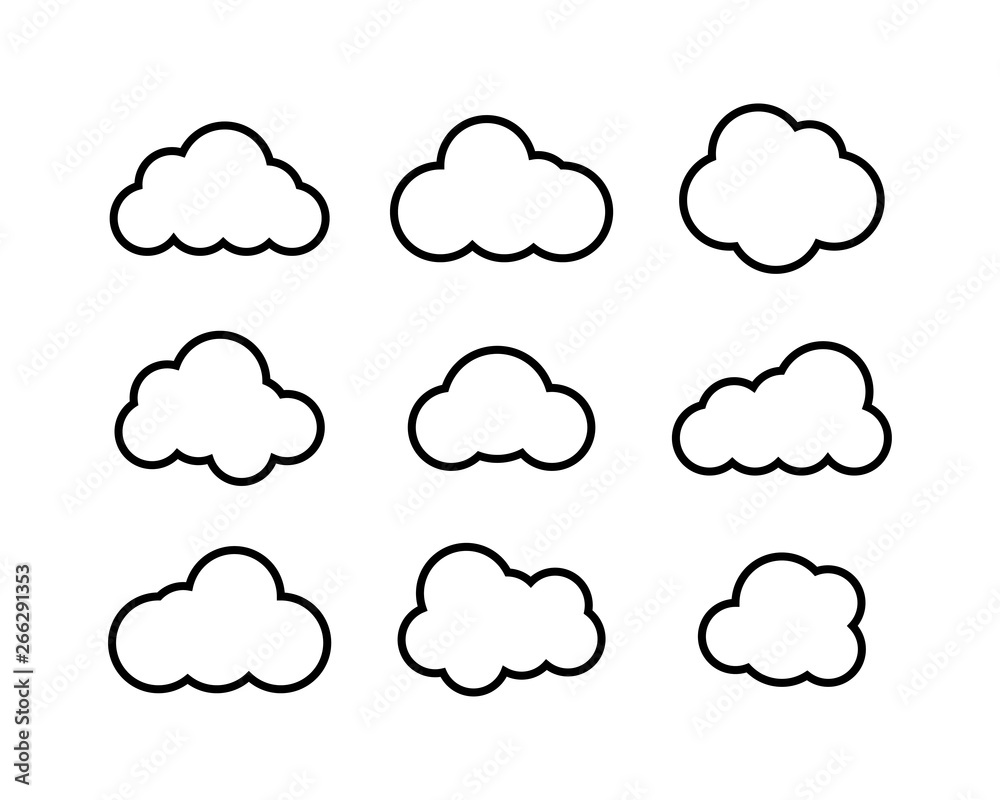 Poster black clouds collection in linear design. black clouds icons. clouds isolated