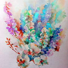 Abstract bright colored decorative background . Floral pattern handmade . Beautiful tender romantic spring bouquet of  flowers , made in the technique of watercolors from nature