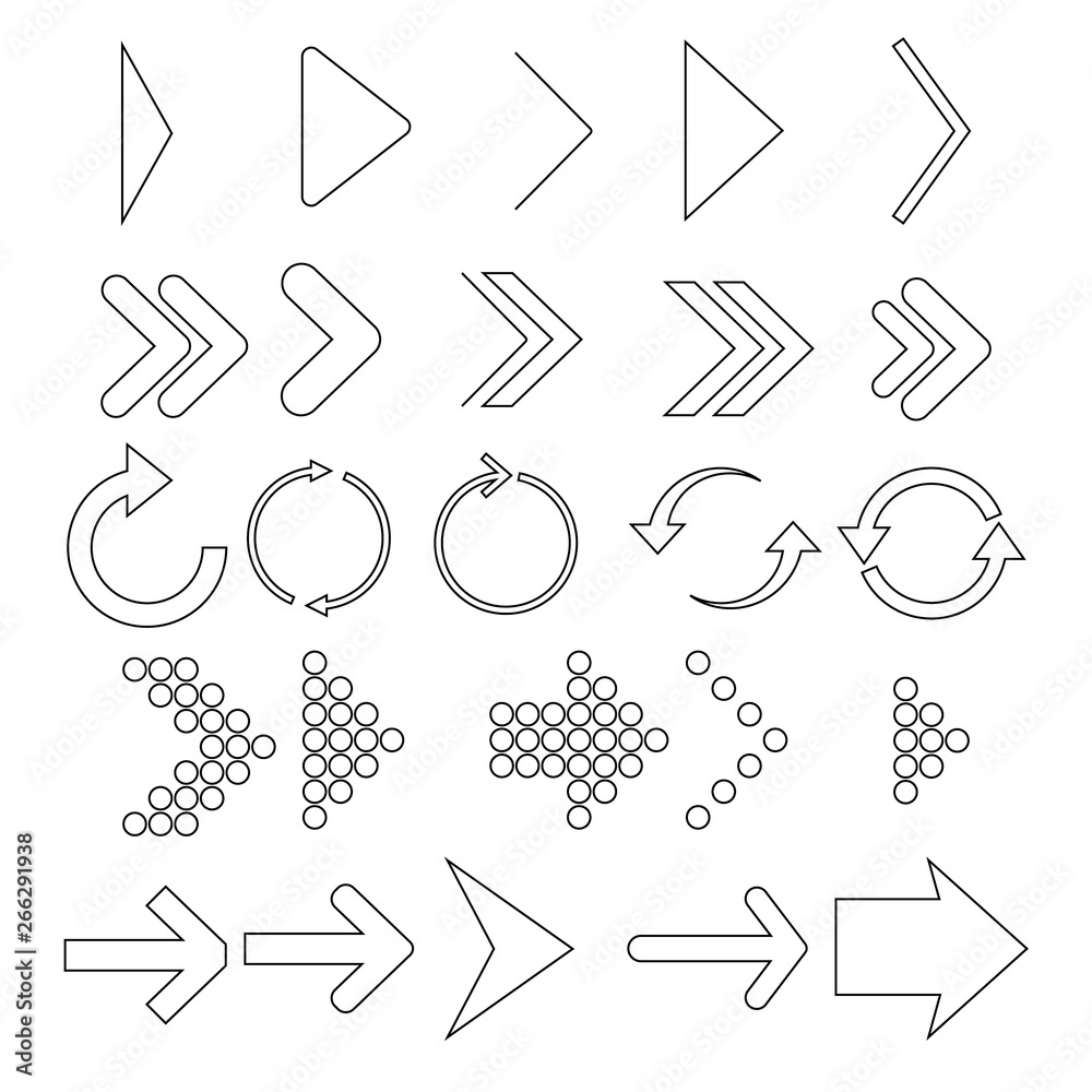 Poster set of black linear arrow. collection vector arrows. different linear arrows icons