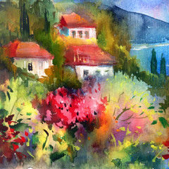 Watercolor colorful bright textured abstract background handmade . Mediterranean landscape . Painting of architecture and vegetation of the sea coast , made in the technique of watercolors from nature