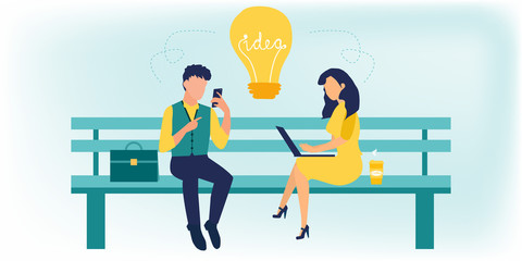 Business people with gadgets and cup of coffee are sitting on the bench and connecting brain into ideas. Analysis. Lightbulb. Brainstorming. Business concept. Vector illustration. Flat cartoon style.