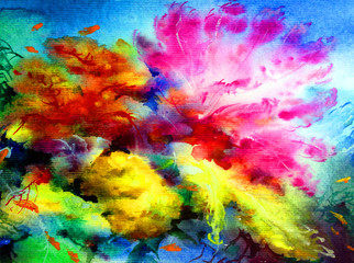 Obraz na płótnie Canvas Watercolor abstract bright colorful textural background handmade . Painting of underwater world of coral reef. Modern sea scape