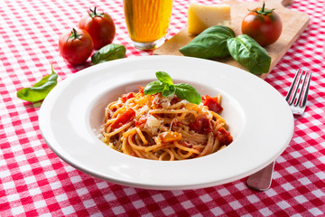 Spaghetti with tomato sauce, cheeese and fresh basil