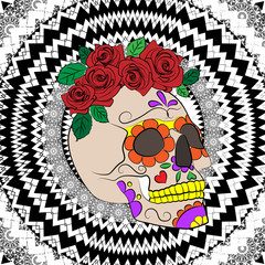 bright illustration with a colorful skull on the background with openwork ornament, a symbol of the traditional Mexican holiday Day of the dead and the Day of angels