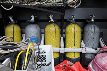 Part of a rescue mobile post with a diving equipment set: balloons, wetsuits, buoys, bags