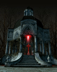 Gothic mausoleum tomb with a gravestone situated in the center of the interior space - obrazy, fototapety, plakaty