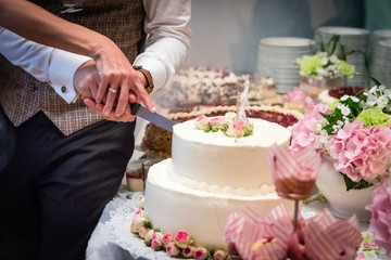 Obraz na płótnie Canvas wedding couple cutting the wedding cake on their wedding day