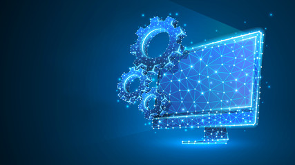 Gears on computer monitor. Industry, business solution, technology, settings concept. Abstract, digital, wireframe, low poly mesh, vector blue neon 3d illustration. Triangle, line, dot, star
