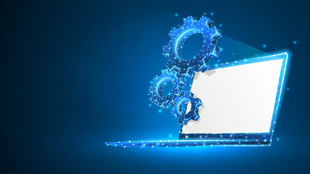 Gears on white laptop screen. Industry, business solution, technology, settings concept. Abstract, digital, wireframe, low poly mesh, vector blue neon 3d illustration. Triangle, line, dot, star