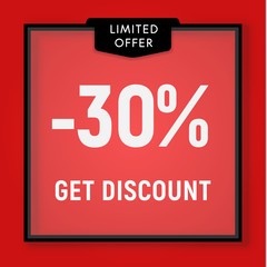 Sale 30 percent off, get discount website button. Shop window, behind glass design. vector illustration
