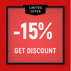 Sale 15 percent off, get discount website button. Shop window, behind glass design. vector illustration