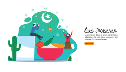 Eating on Ied feast party concept. Moeslem family dinner on Ramadan Kareem or celebrating Eid with people character. web landing page template, banner, presentation, social or print media